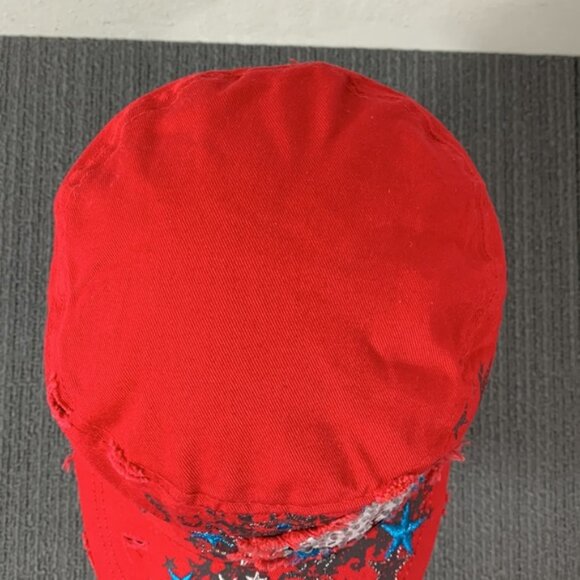 Baseball Cadet Hat Womens OS Red Distressed Embroidered Rhinestone Leader Loga - Picture 6 of 14